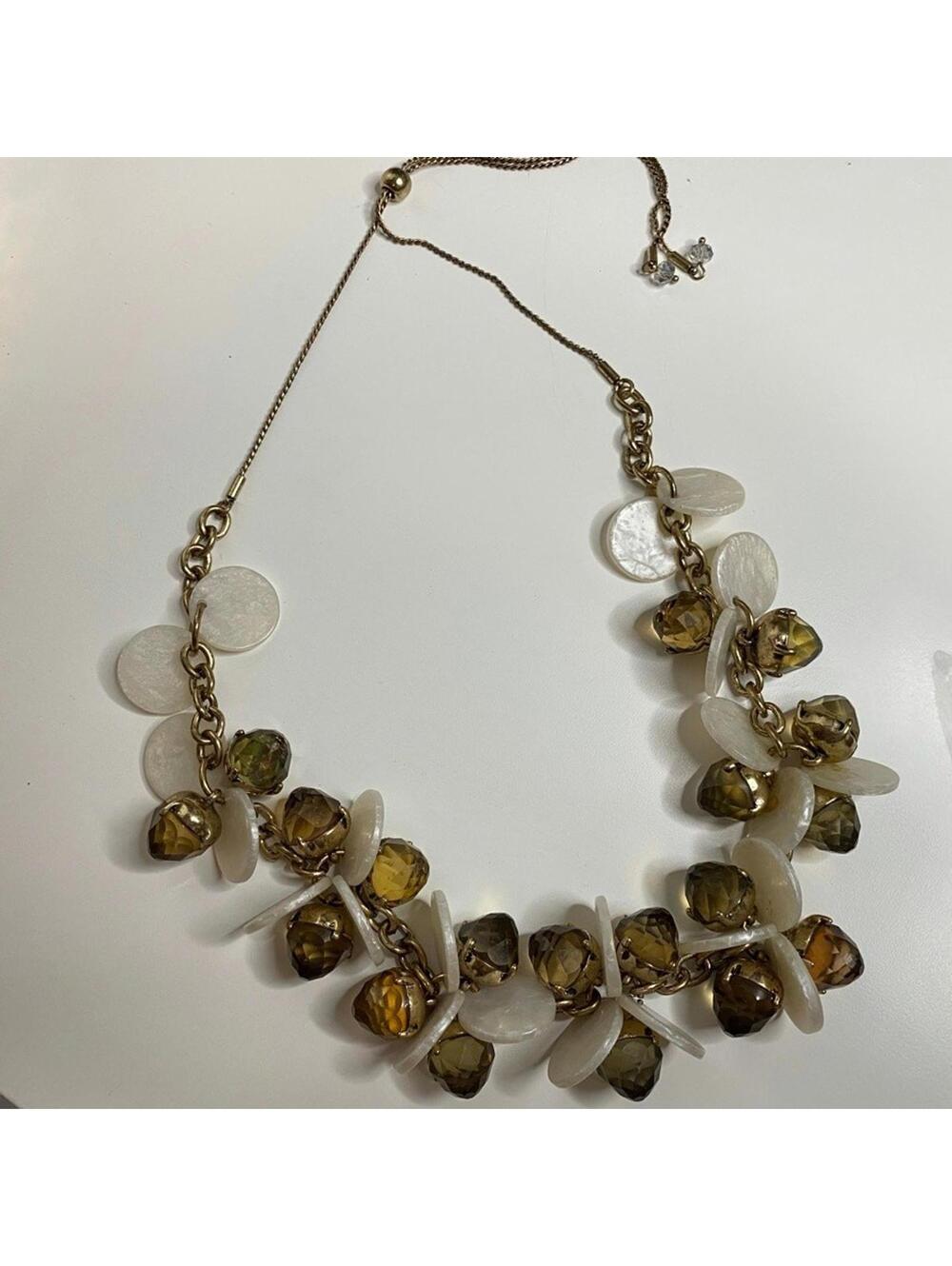 Vintage Statement Necklace Amber Beads Flat White Shells Gold Tone Chain